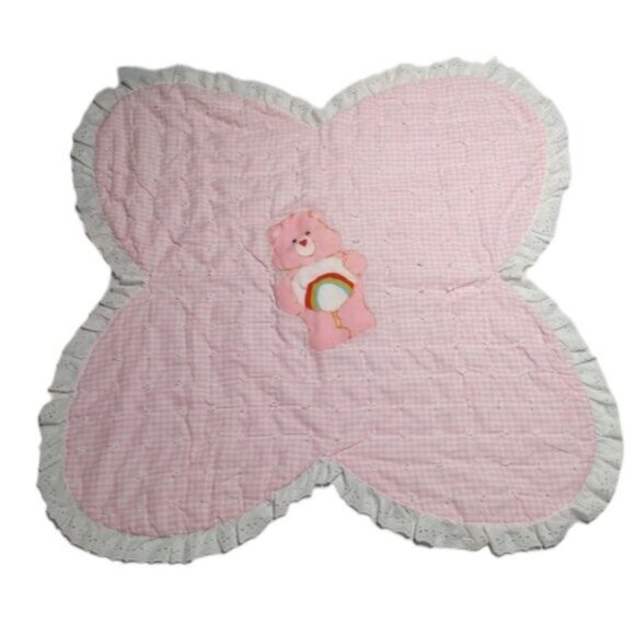Vintage Other - Vintage 80s Care Bears Cheer Bear Applique Pink Gingham Lace Trim Baby Blanket